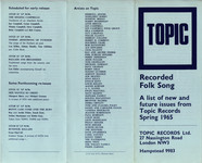 Topic Recorded Folk Song: A list of new and future issues from Topic Records, Spring 1965 Topic Recorded Folk Song: A list of new and future issues from Topic Records, Spring 1965